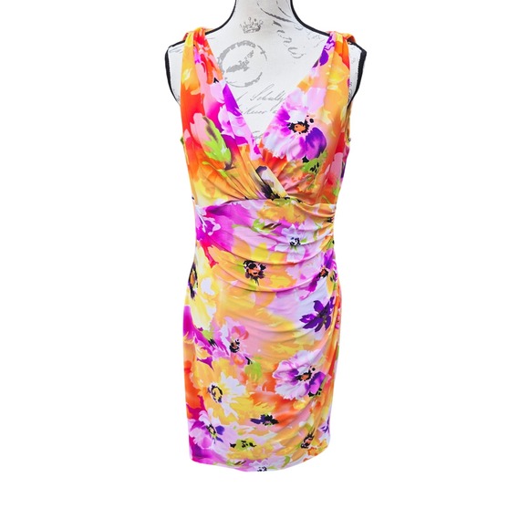 LAUREN Ralph Lauren Floral Print Dress Sleeveless Ruched V Neck Womens 14P - Picture 1 of 11